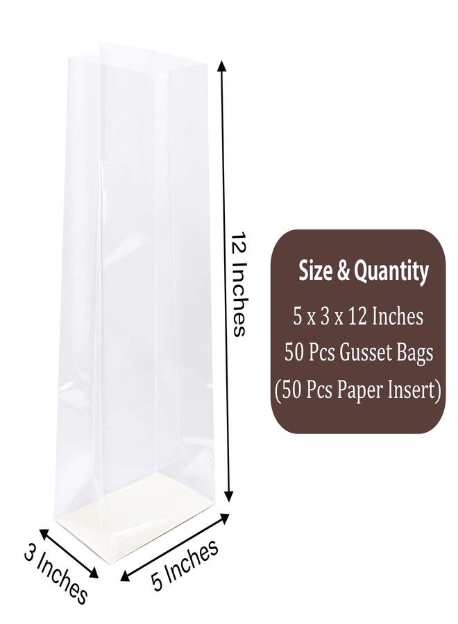 Morepack Gusseted Flat Bottom Cellophane Bags with Paper Insert 50Pcs 5x3x12 Inches Gusseted Cello Bags - Image 2